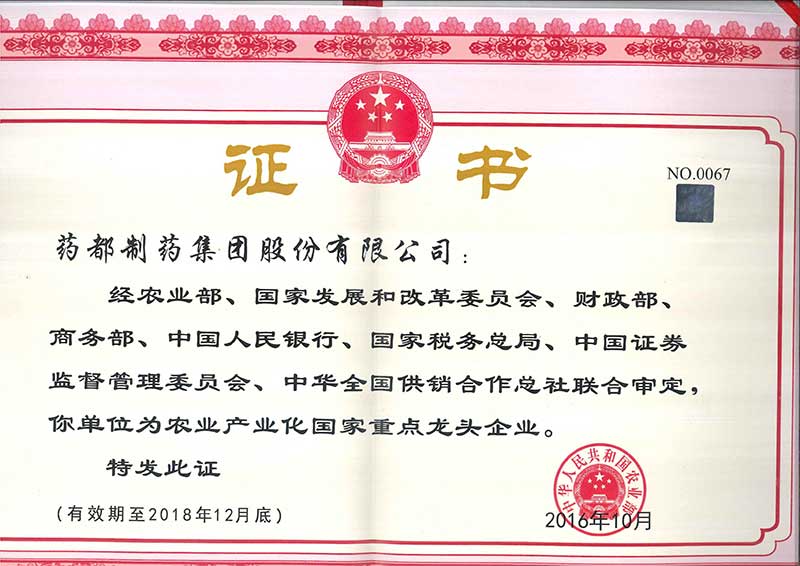 藥都制藥集團(tuán)被評(píng)為國(guó)家級(jí)、省級(jí)農(nóng)業(yè)產(chǎn)業(yè)化重點(diǎn)龍頭企業(yè)